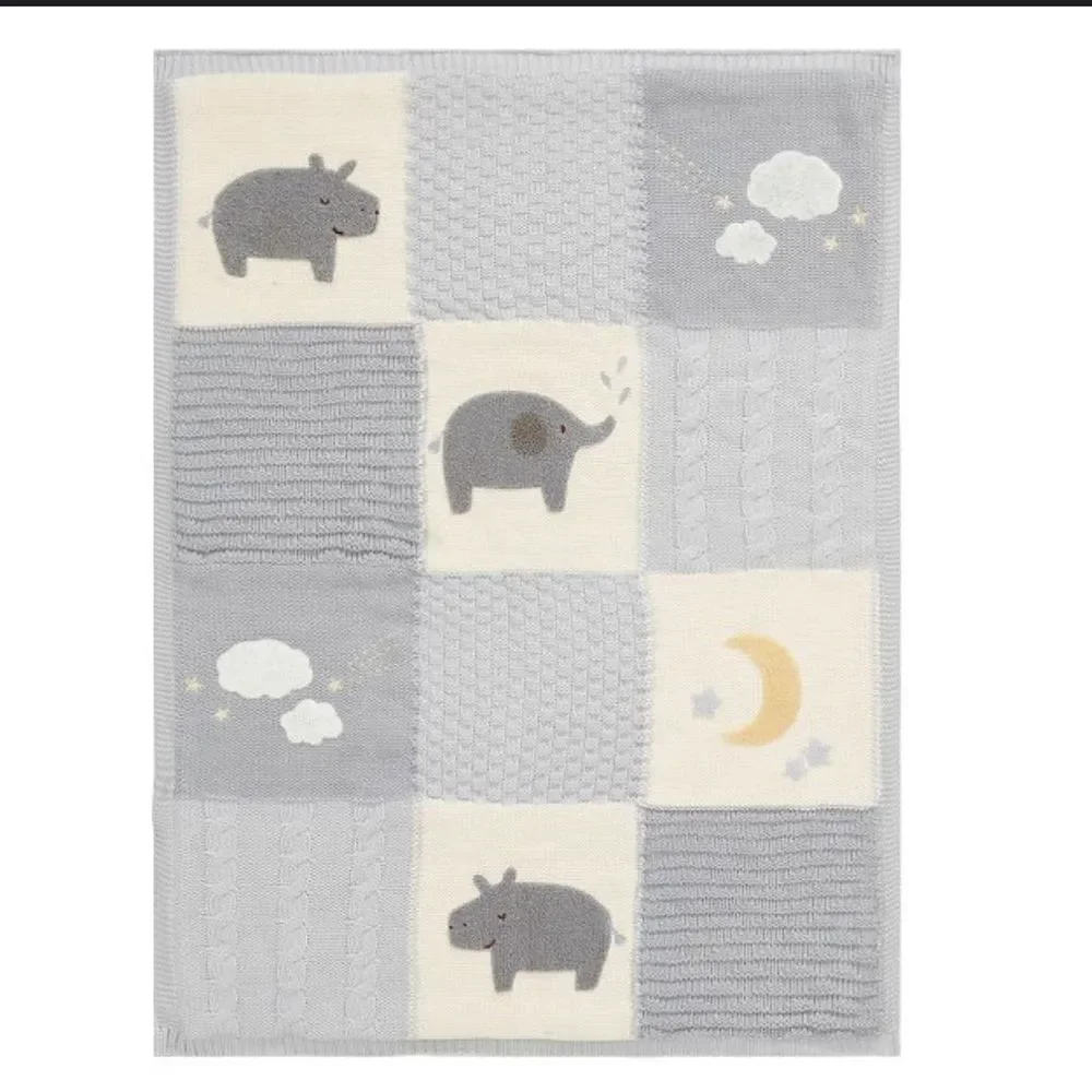 Pottery Barn Heirloom animal hippo elephant Patchwork Baby Blanket Sherpa Back